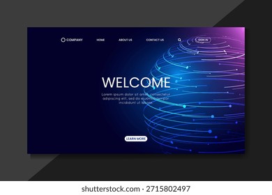 Página de aterrizaje de Tecnología futurista con esfera de datos Abstractas y fondo de línea de neón