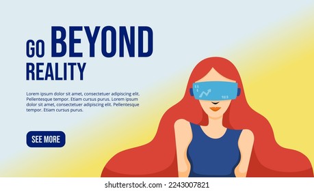 futuristic technology landing page website design interface illustration with girl using VR headset illustration. yellow and blue gradient background and banner isolated vector design resource.