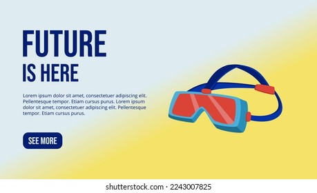 futuristic technology landing page website design interface illustration with vr headset illustration. yellow and blue gradient background and banner isolated vector design resource.