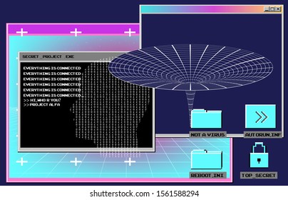 Futuristic technology landscape with HUD elements of user interface. Surreal vaporwave and synthwave style illustration like in old arcade video games of 80s-90s.