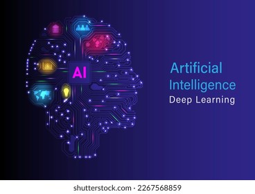 Futuristic technology learning artificial intelligence human head as electronic circuit microcomputer ai Elements and bright multi-colored lights blue gradient background