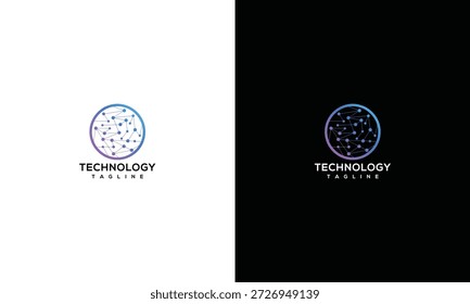 Logotipo futurista de tecnología con un diseño circular con puntos, presentado sobre fondos blancos y negros contrastantes desde un punto de vista sencillo.