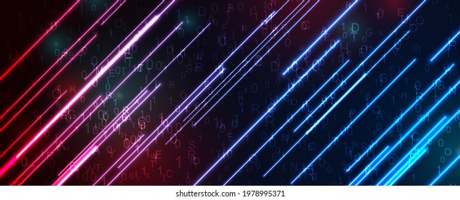 Futuristic technology neon abstract background with binary code numbers, letters and glowing laser lines. Dark blue and red backdrop. Concept vector design