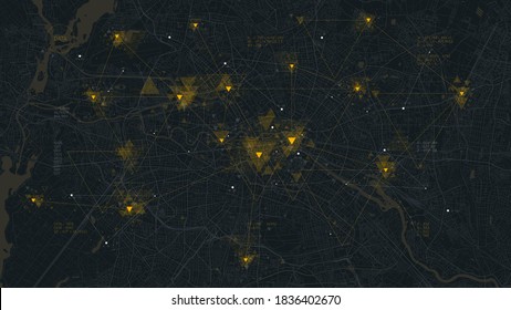 Futuristic technology and network connection concept, big smart city virtual database, digital visualization of big data on Berlin map background, vector illustration