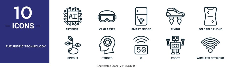 futuristic technology outline icon set includes thin line artificial, vr glasses, smart fridge, flying, foldable phone, sprout, cyborg icons for report, presentation, diagram, web design