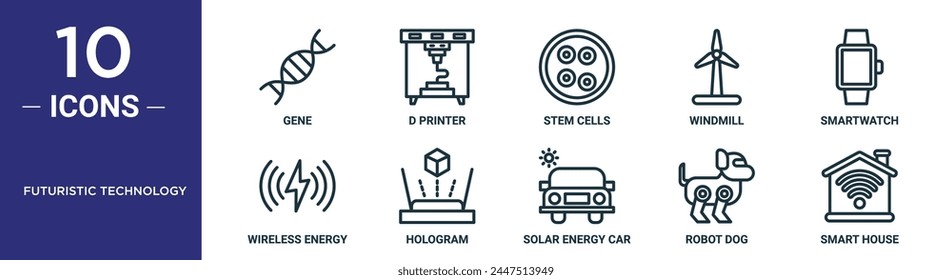 futuristic technology outline icon set includes thin line gene, d printer, stem cells, windmill, smartwatch, wireless energy, hologram icons for report, presentation, diagram, web design