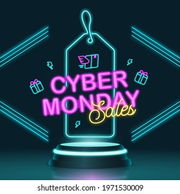 Futuristic technology podium for Cyber Monday Sales with neon concept, tag, gift and package icon