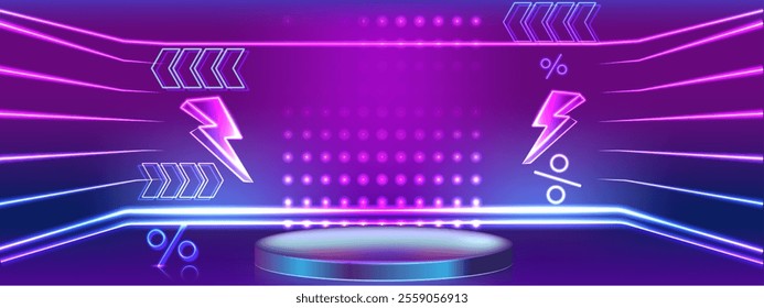 Futuristic technology podium for Cyber Monday Sales with neon concept, tag, gift and package icon