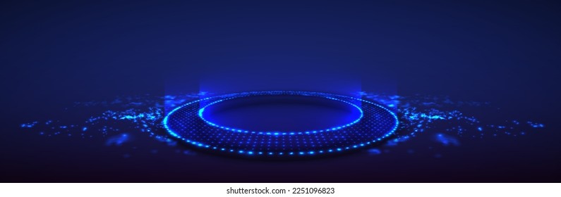 Futuristic technology podium. Neon glowing ring on floor made of particles with dept of field for gaming product presentetion. Round pedestal on dark blue background. Futuristic product stand template