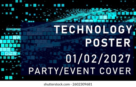 Futuristic technology poster with pixelated blue patterns and bold typography. The design includes a modern digital aesthetic, suitable for a party or event cover.