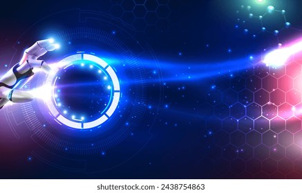 Futuristic technology robot hand touching on HUD digital display big data network connection, Science and artificial intelligence technology, innovation, AI, Machine learning. Technology Vector EPS10.