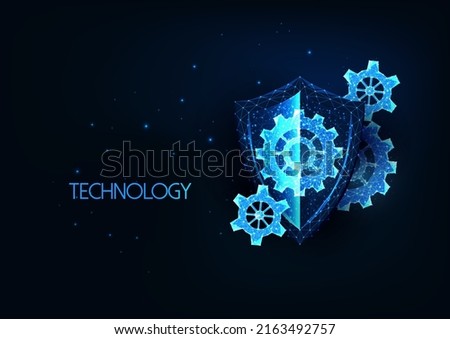 Futuristic technology security concept with glowing low poly protective shield and cog wheels gears 