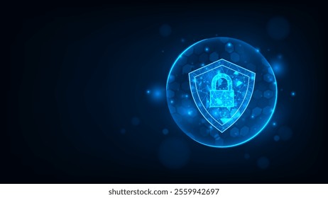 Futuristic technology security concept lock DATA on dark blue background.