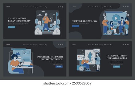 Futuristic Technology set. AI assistant aids in home, 3D-printed limb enhances mobility, telepresence robot connects people. Inclusive innovation themes. Vector illustration.