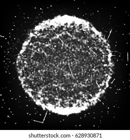 Futuristic Technology Style. Flying Point Debrises. Blured Molecular Particles Glowing Dots Connection. 3D Vector Illustration. Global Network Connection Visualization. 