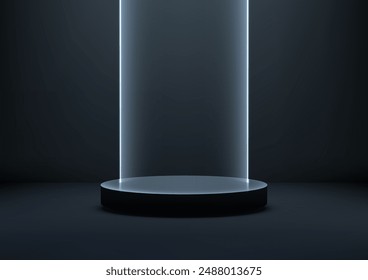 Futuristic Technology Style, Glass Cylinder with Neon Light on Dark Platform in Dark Room, Ideal for Product Display, Mockup, Showroom, Showcase