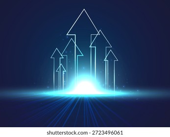 Futuristic technology vector design with upward arrows soaring from bright blue light effect, symbolizing artificial intelligence evolution, high-tech direction, and advanced digital transformation.