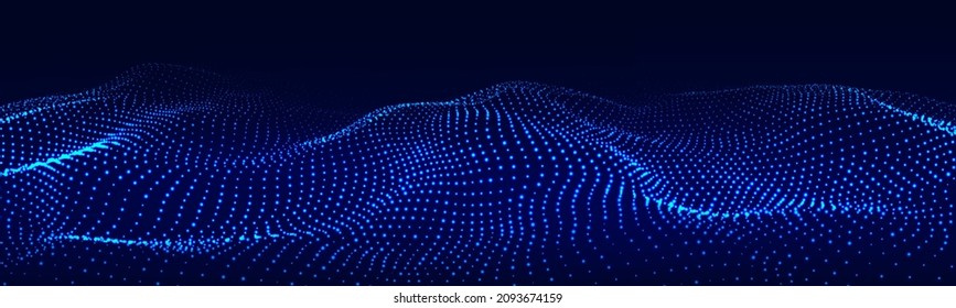 Ola de tecnología futurista. Ciberespacio digital. Ola abstracta con partículas en movimiento sobre un fondo azul. Análisis de grandes datos.