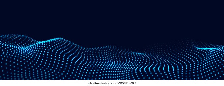 Futuristic technology wave. Digital cyberspace. Abstract wave with moving particles on a black background. Big data analytics.