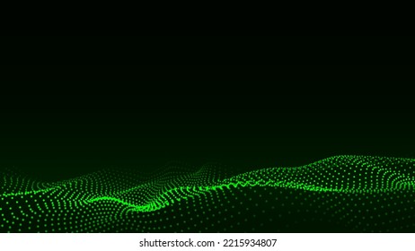 Futuristic technology wave. Digital cyberspace. Abstract wave with moving particles on a green background. Big data analytics.