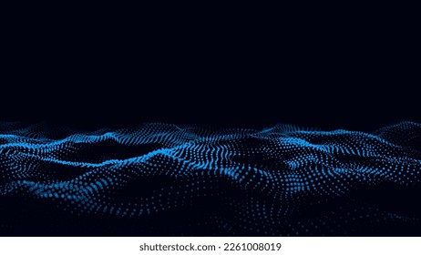 Ola de tecnología futurista. Ciberespacio digital. Ola abstracta con partículas en movimiento sobre un fondo negro. Análisis de grandes datos.