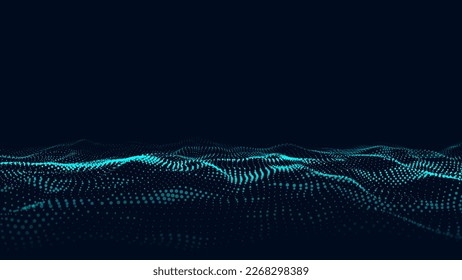 Futuristic technology wave. Digital cyberspace. Abstract wave with moving particles on a black background. Big data analytics.