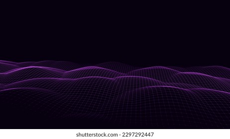 Futuristic technology wave. Digital cyberspace. Abstract wave with moving particles on a black background. Big data analytics.