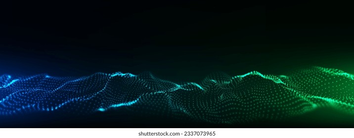 Futuristische Technologie Welle. Digitaler Cyberspace. Abstrakte Welle mit bewegten Teilchen auf schwarzem Hintergrund. Big Data Analytics.