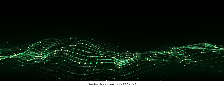 Futuristic technology wave. Digital cyberspace. Abstract wave with moving particles on a black background. Big data analytics.