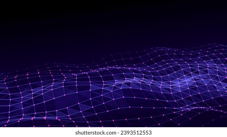 Futuristic technology wave. Digital cyberspace. Abstract wave with moving particles on a purple background. Big data analytics.