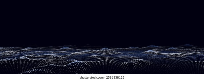 Futuristic technology wave. Digital cyberspace. Abstract wave with moving particles on a black background. Big data analytics.