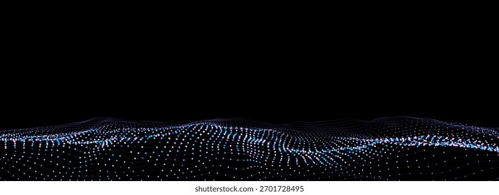 Onda tecnológica futurista. Ciberespacio digital. Onda Abstractas con partículas en movimiento sobre un fondo negro. Análisis de Big Data.