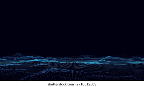 Futuristic technology wave. Digital cyberspace. Abstract wave with moving particles on a black background. Big data analytics.