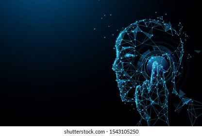 Futuristic telecommunication technology concept. A man Hand touch communication equipment from lines, triangles and particle style design