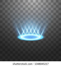 Futuristic teleport. Magic fantasy portal. Light effect. Blue candles rays of a night scene with sparks on a transparent background. Empty light effect of the podium. Disco club dancefloor.