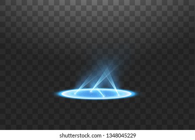 Futuristic teleport. Magic fantasy portal. Light effect. Blue candles rays of a night scene with sparks on a transparent background. Empty light effect of the podium. Disco club dancefloor.