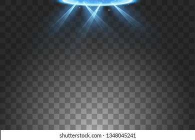 Futuristic teleport. Magic fantasy portal. Light effect. Blue candles rays of a night scene with sparks on a transparent background. Empty light effect of the podium. Disco club dancefloor.