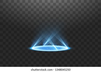 Futuristic teleport. Magic fantasy portal. Light effect. Blue candles rays of a night scene with sparks on a transparent background. Empty light effect of the podium. Disco club dancefloor.