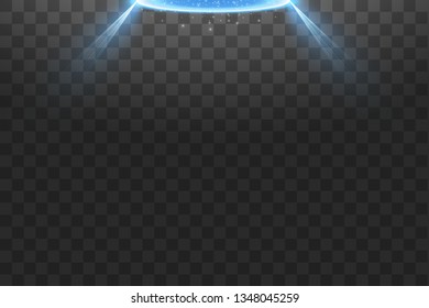 Futuristic teleport. Magic fantasy portal. Light effect. Blue candles rays of a night scene with sparks on a transparent background. Empty light effect of the podium. Disco club dancefloor.