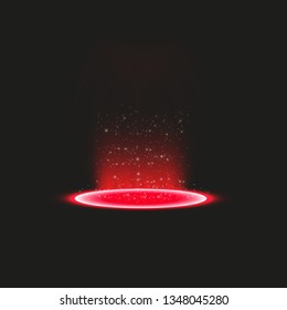 Téléport futuriste. Portail fantastique magique.Effet de lumière. Bougies rouges, rayons d'une scène de nuit avec étincelles sur fond transparent. Effet de lumière vide du podium. Disco club de danse.