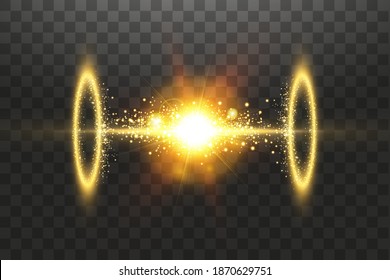 Futuristic teleport. Magic fantasy portal. Light effect. Golden Candles rays of a night scene with sparks on a transparent background. Empty light effect of the podium. Disco club dancefloor.