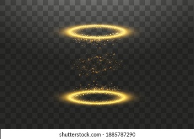 Futuristic teleport. Magic fantasy portal. Light effect. Golden Candles rays of a night scene with sparks on a transparent background. Empty light effect of the podium. Disco club dancefloor.