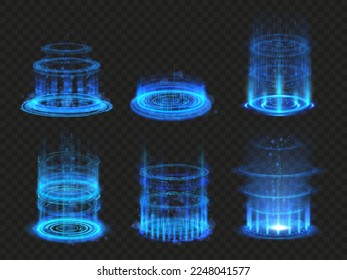 Futuristic teleport podium. Digital fantastic sci-fi portal, hologram beam stage and magic hi-tech vertical teleportation vector set. Illuminated futuristic traveling, neon glow hologram