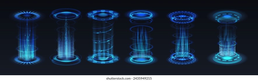 Futuristic teleportation technology realistic vector illustration set. Level up glowing aura 3d elements on black background. RPG template