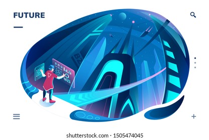 Futuristic template for smartphone application. Future technology for city control system. Virtual or augmented reality for town automation. Tower building and man with graph screen. Mobile app for VR