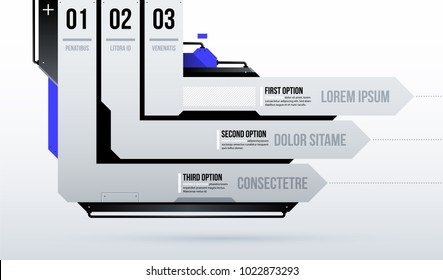 Futuristic template with three directional stripes/options in clean hi-tech/techno style on white background