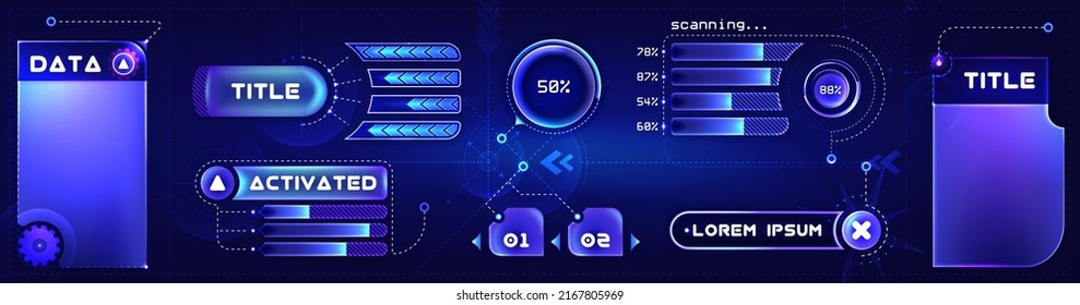 Futuristic text box, callout titles or modern digital panels. Abstract hud frame screen, textbox, labels or information call bars. Scifi tech borders for game, ui graphic design or gui user interface.