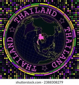 Futuristic Thailand on globe. Bright neon satelite view of the world centered to Thailand. Geographical illustration with shape of country and geometric background. Artistic vector illustration.