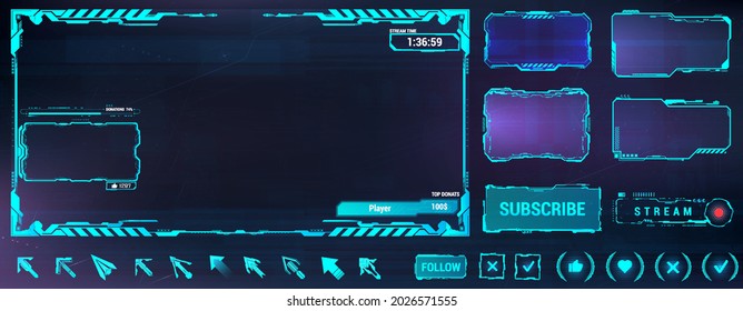 Futuristic theme for screen panel. Overlay streamdps constructor. Frame futuristic overlay frame in HUD style for broadcast. Blue HUD design. Overlay broadcast box - Donates, windows, buttons. Vector