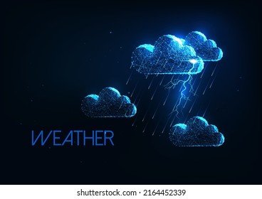 Futuristic thunderstorm weather, meteorology concept with glowing clouds, rain shower and lightning 